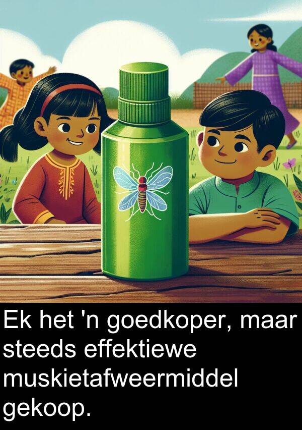 maar: Ek het 'n goedkoper, maar steeds effektiewe muskietafweermiddel gekoop.