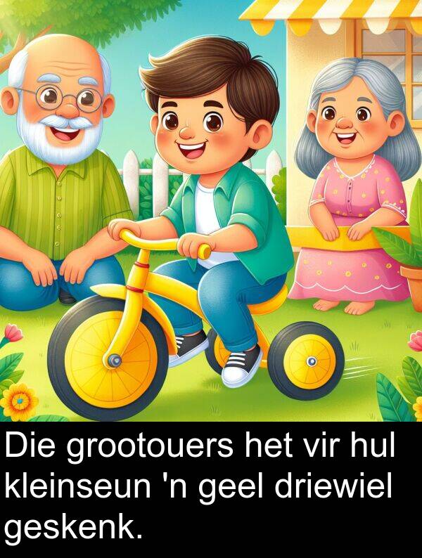 geel: Die grootouers het vir hul kleinseun 'n geel driewiel geskenk.