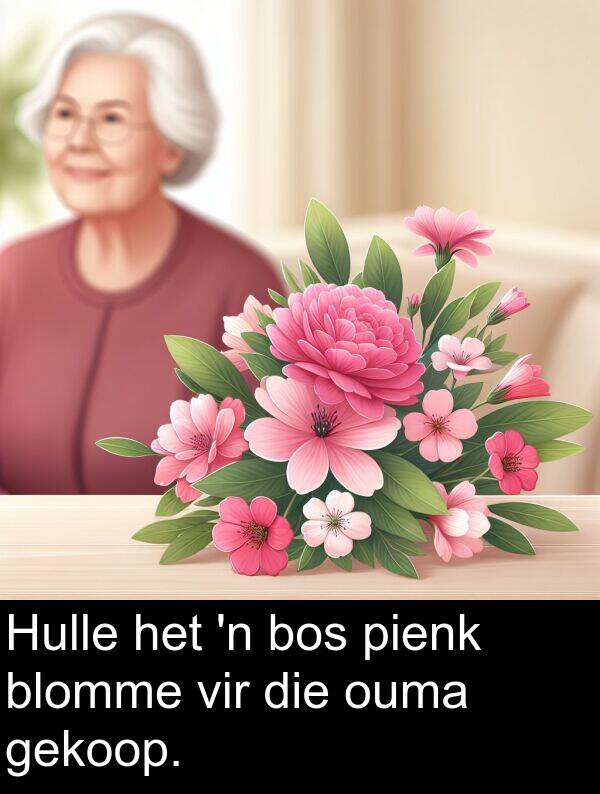 gekoop: Hulle het 'n bos pienk blomme vir die ouma gekoop.