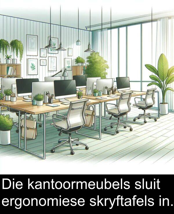 in: Die kantoormeubels sluit ergonomiese skryftafels in.