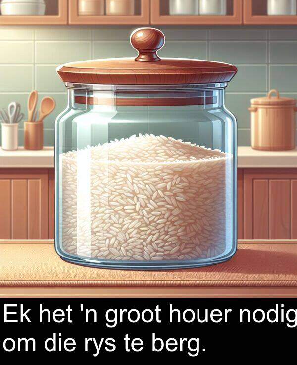 houer: Ek het 'n groot houer nodig om die rys te berg.