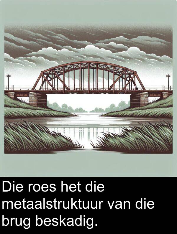 metaalstruktuur: Die roes het die metaalstruktuur van die brug beskadig.