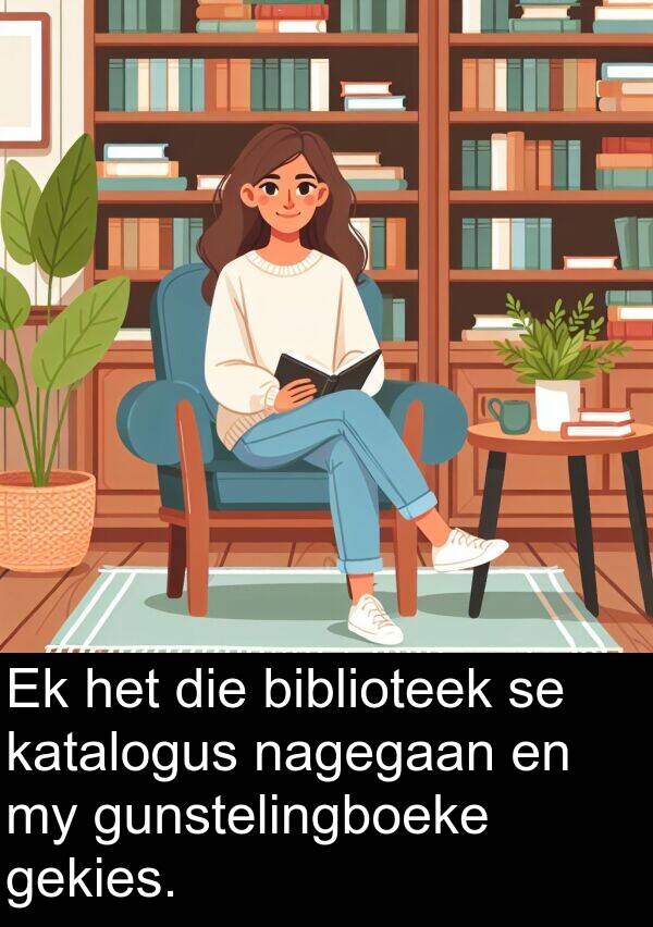 gekies: Ek het die biblioteek se katalogus nagegaan en my gunstelingboeke gekies.