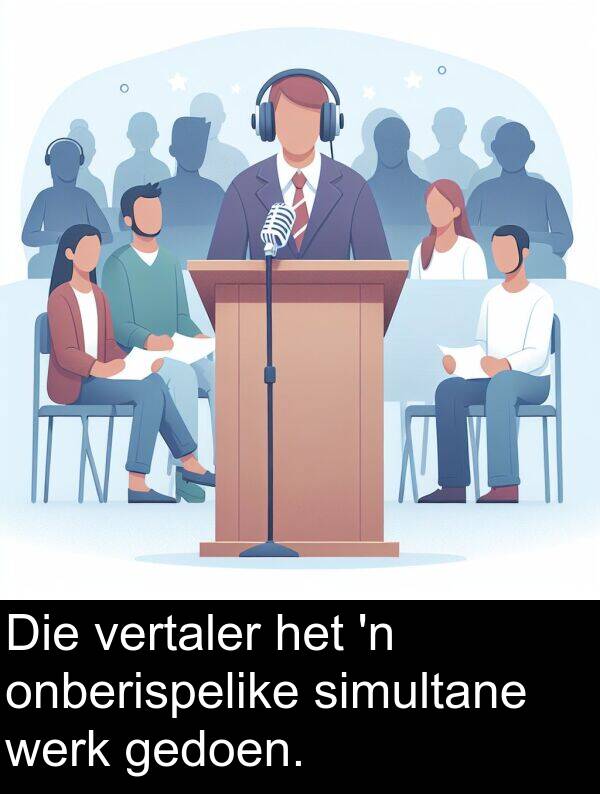 simultane: Die vertaler het 'n onberispelike simultane werk gedoen.