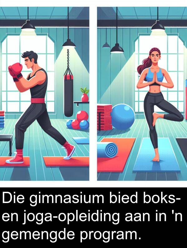 boks: Die gimnasium bied boks- en joga-opleiding aan in 'n gemengde program.