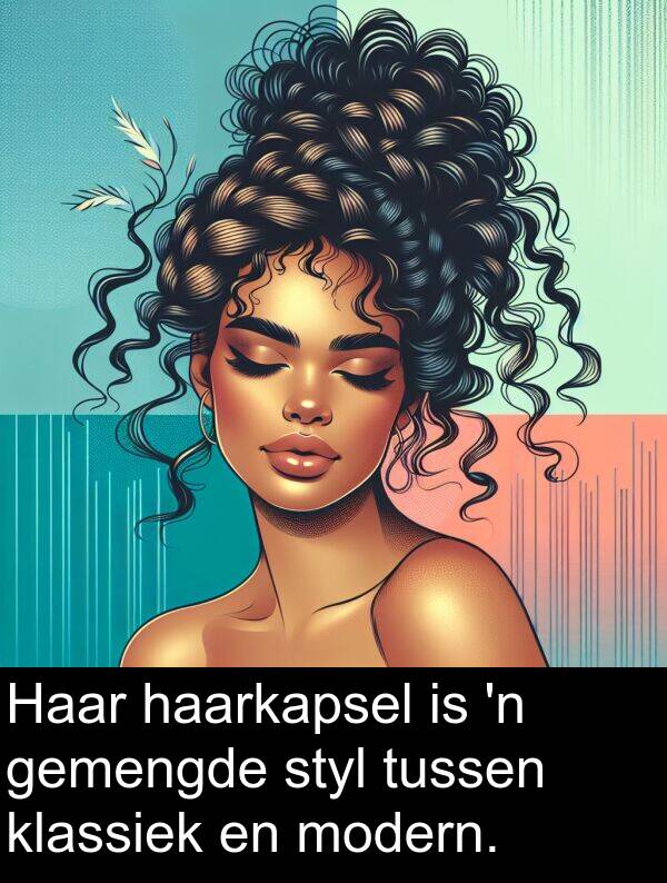 haarkapsel: Haar haarkapsel is 'n gemengde styl tussen klassiek en modern.