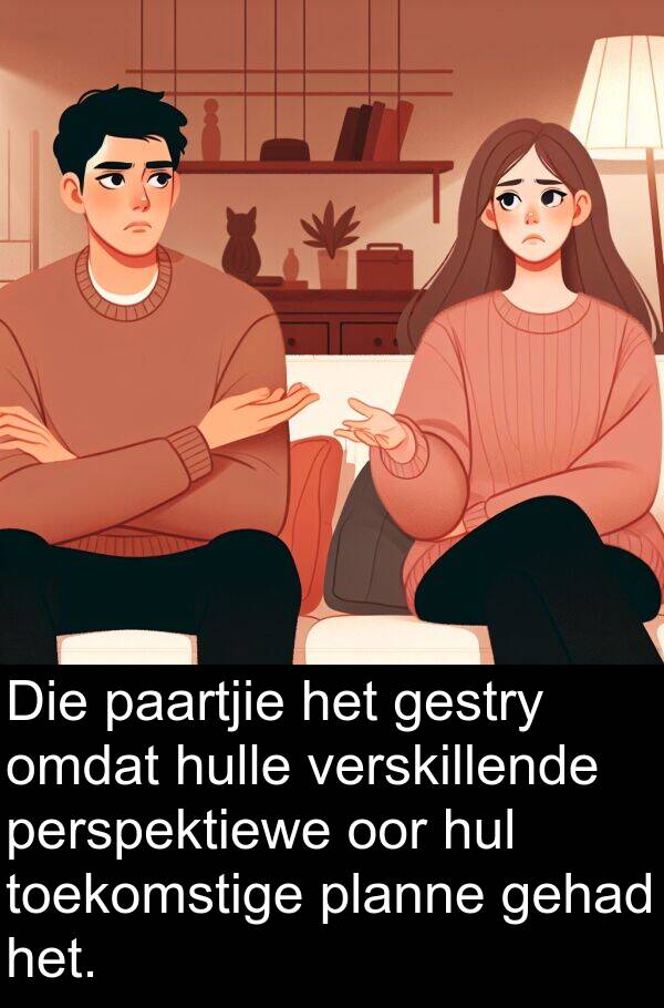 perspektiewe: Die paartjie het gestry omdat hulle verskillende perspektiewe oor hul toekomstige planne gehad het.