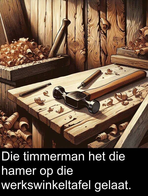 gelaat: Die timmerman het die hamer op die werkswinkeltafel gelaat.
