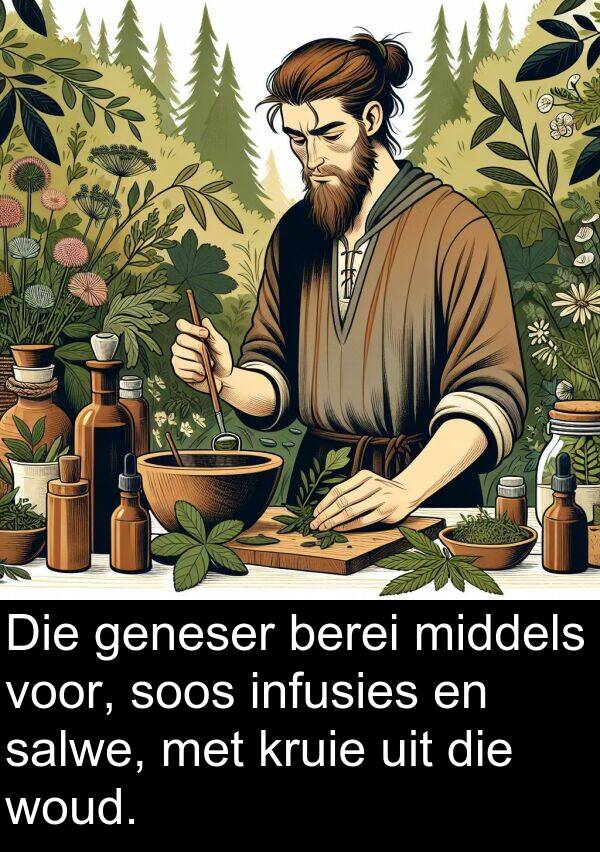middels: Die geneser berei middels voor, soos infusies en salwe, met kruie uit die woud.