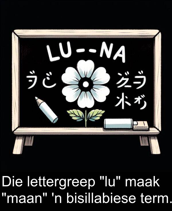 term: Die lettergreep "lu" maak "maan" 'n bisillabiese term.