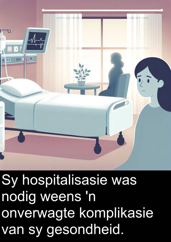 hospitalisasie: Sy hospitalisasie was nodig weens 'n onverwagte komplikasie van sy gesondheid.