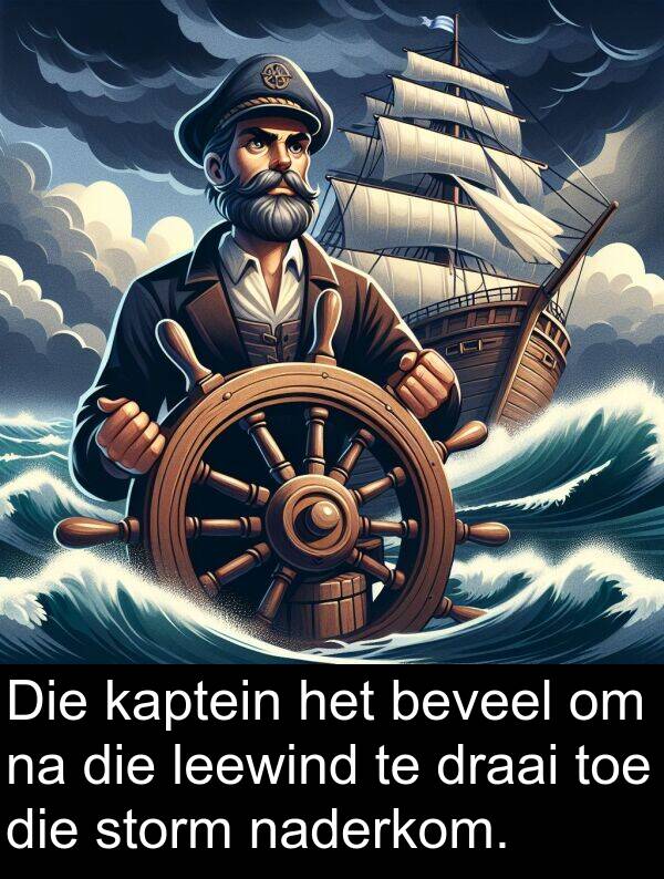 draai: Die kaptein het beveel om na die leewind te draai toe die storm naderkom.