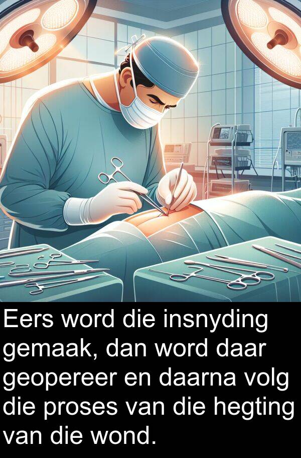 hegting: Eers word die insnyding gemaak, dan word daar geopereer en daarna volg die proses van die hegting van die wond.