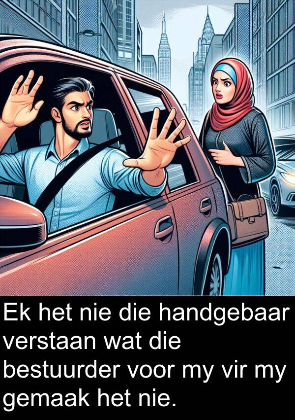 bestuurder: Ek het nie die handgebaar verstaan wat die bestuurder voor my vir my gemaak het nie.