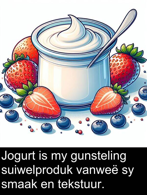 tekstuur: Jogurt is my gunsteling suiwelproduk vanweë sy smaak en tekstuur.