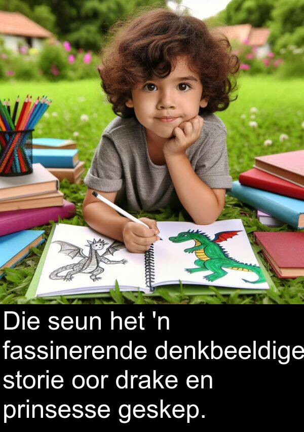 denkbeeldige: Die seun het 'n fassinerende denkbeeldige storie oor drake en prinsesse geskep.