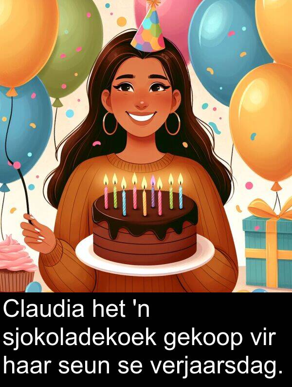 sjokoladekoek: Claudia het 'n sjokoladekoek gekoop vir haar seun se verjaarsdag.
