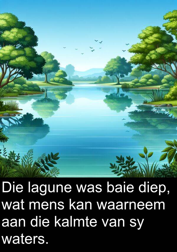 waarneem: Die lagune was baie diep, wat mens kan waarneem aan die kalmte van sy waters.