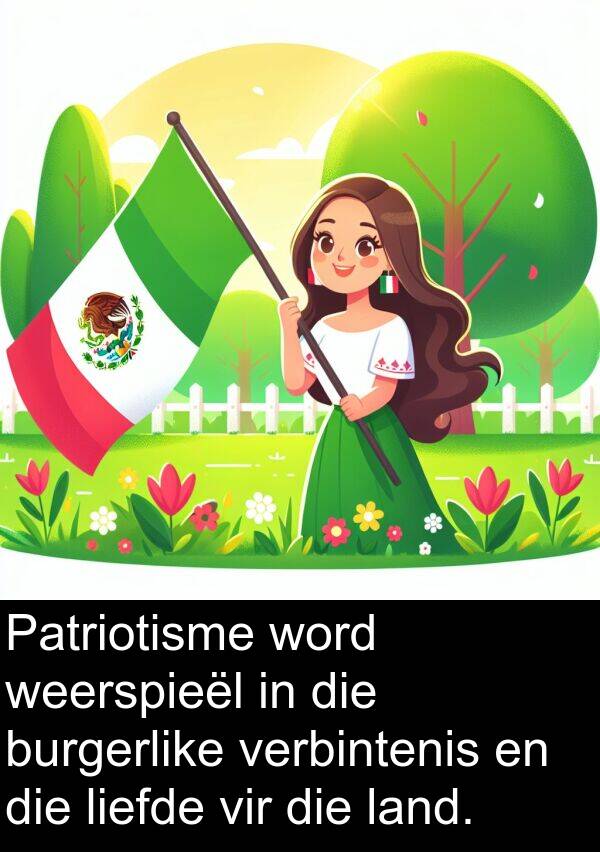 weerspieël: Patriotisme word weerspieël in die burgerlike verbintenis en die liefde vir die land.