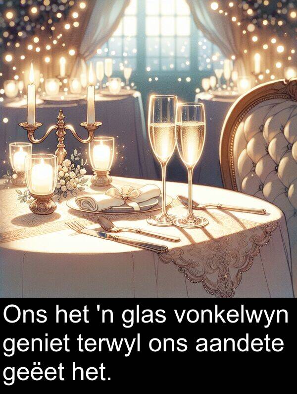 geëet: Ons het 'n glas vonkelwyn geniet terwyl ons aandete geëet het.