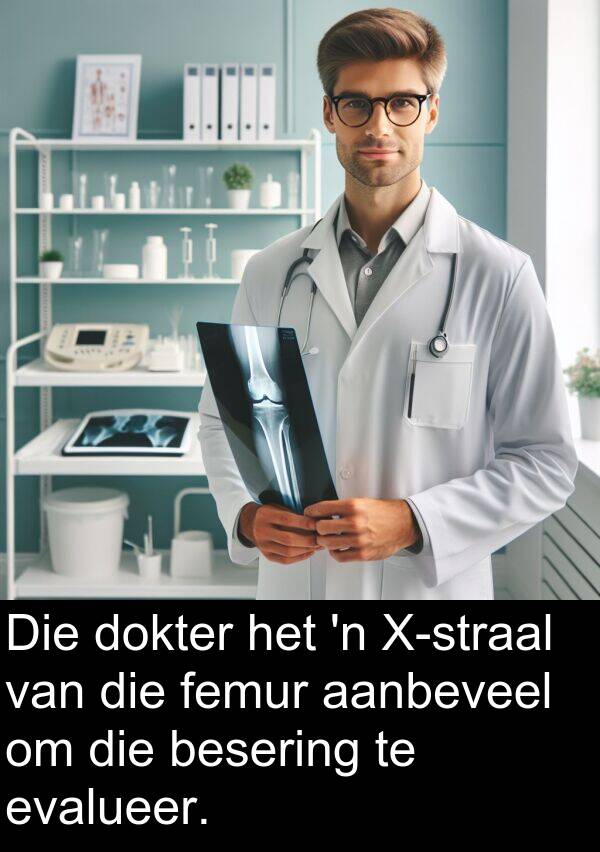 aanbeveel: Die dokter het 'n X-straal van die femur aanbeveel om die besering te evalueer.