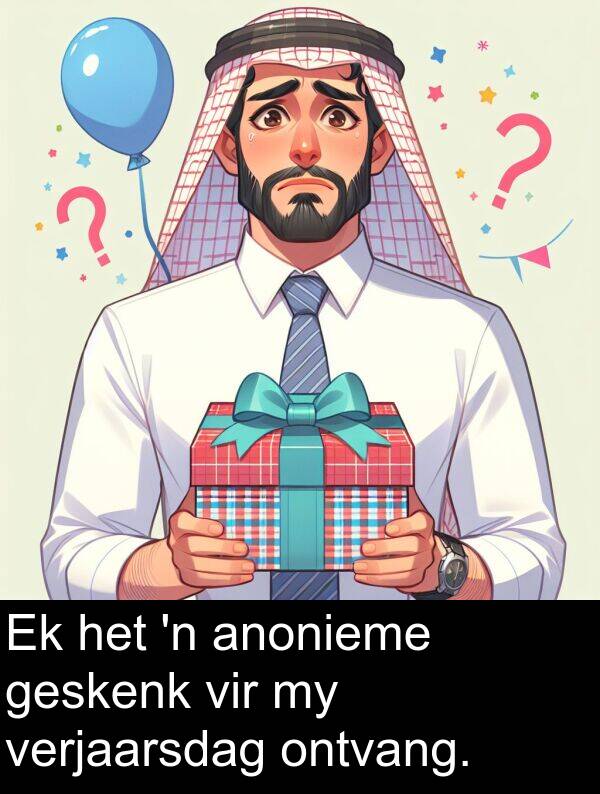 ontvang: Ek het 'n anonieme geskenk vir my verjaarsdag ontvang.