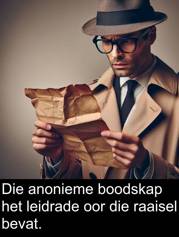 leidrade: Die anonieme boodskap het leidrade oor die raaisel bevat.