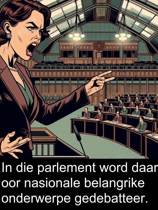 gedebatteer: In die parlement word daar oor nasionale belangrike onderwerpe gedebatteer.