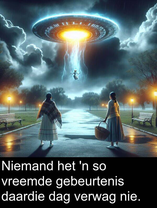gebeurtenis: Niemand het 'n so vreemde gebeurtenis daardie dag verwag nie.