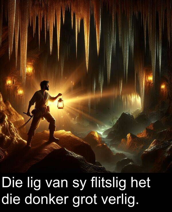 donker: Die lig van sy flitslig het die donker grot verlig.