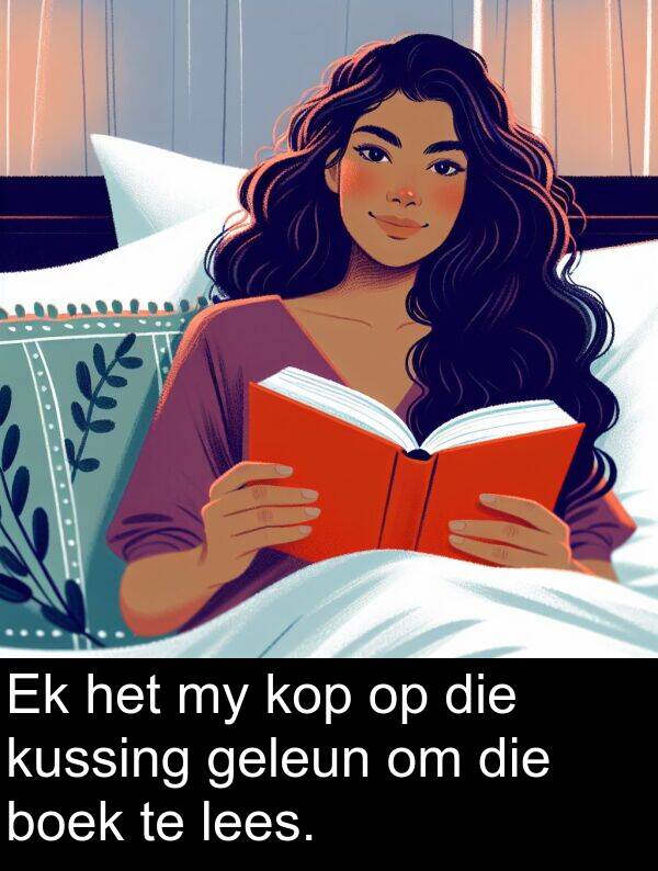 lees: Ek het my kop op die kussing geleun om die boek te lees.