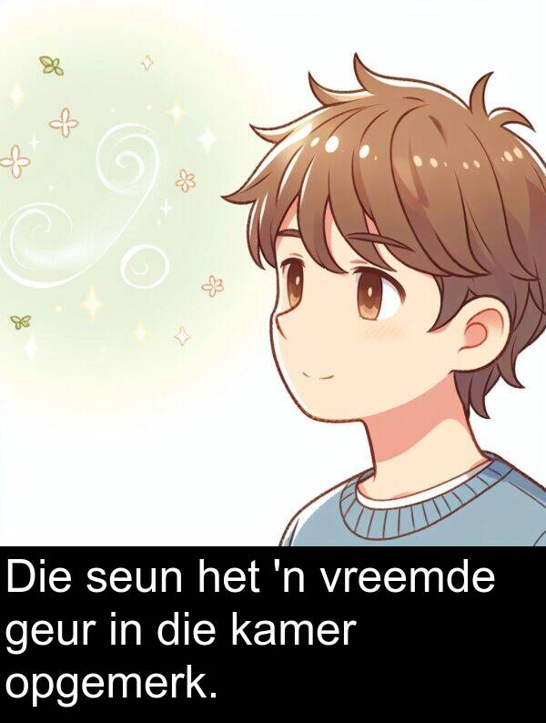seun: Die seun het 'n vreemde geur in die kamer opgemerk.