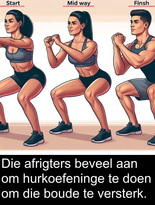 hurkoefeninge: Die afrigters beveel aan om hurkoefeninge te doen om die boude te versterk.