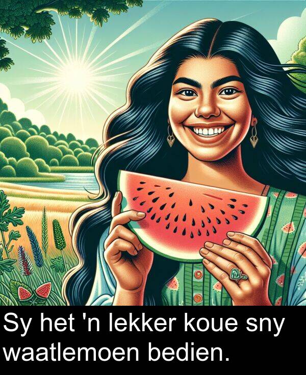 waatlemoen: Sy het 'n lekker koue sny waatlemoen bedien.