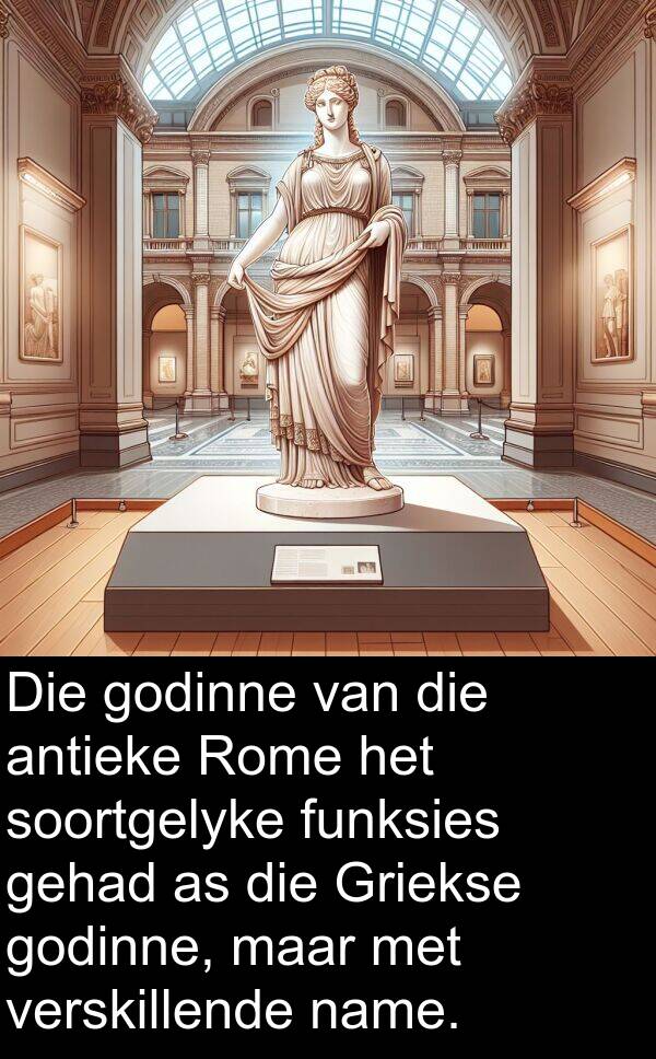 funksies: Die godinne van die antieke Rome het soortgelyke funksies gehad as die Griekse godinne, maar met verskillende name.