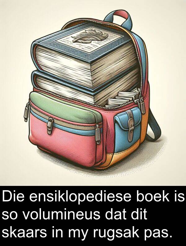 pas: Die ensiklopediese boek is so volumineus dat dit skaars in my rugsak pas.