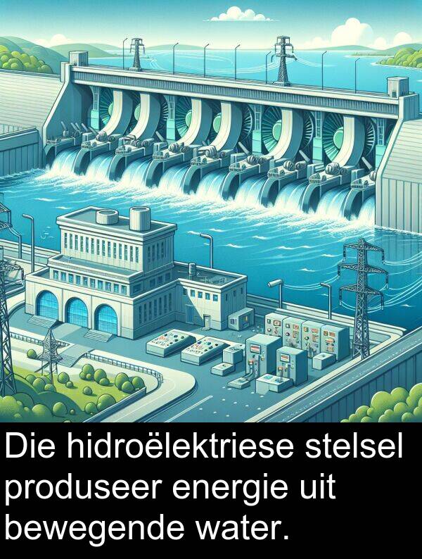 hidroëlektriese: Die hidroëlektriese stelsel produseer energie uit bewegende water.