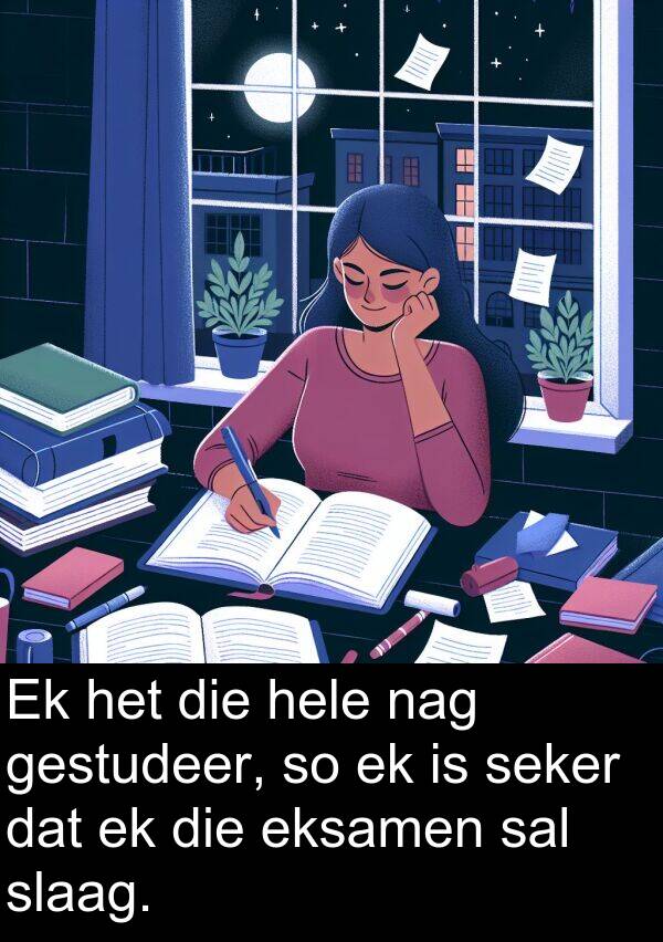 eksamen: Ek het die hele nag gestudeer, so ek is seker dat ek die eksamen sal slaag.