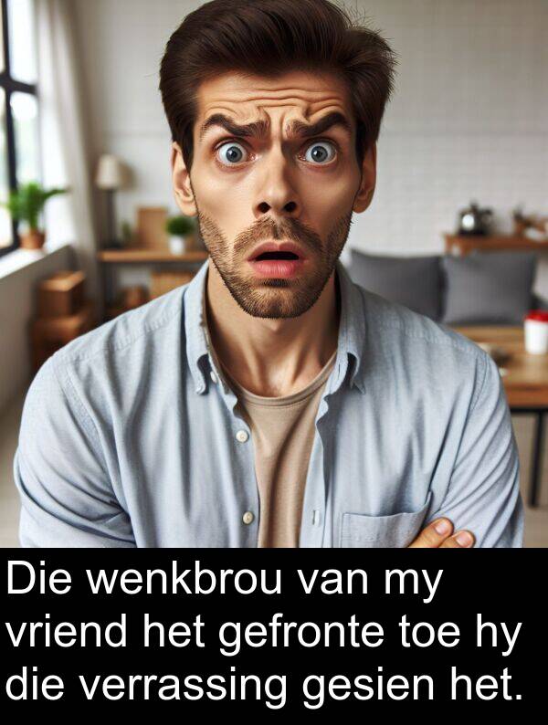 gefronte: Die wenkbrou van my vriend het gefronte toe hy die verrassing gesien het.
