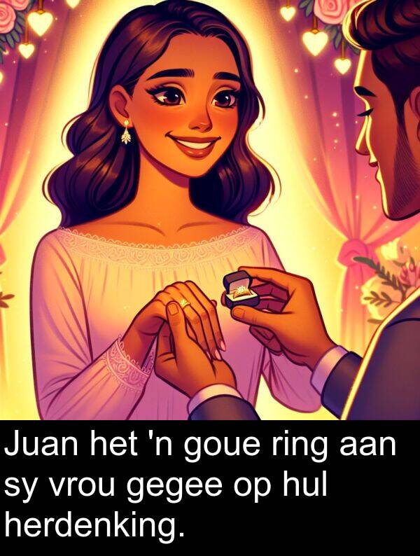 gegee: Juan het 'n goue ring aan sy vrou gegee op hul herdenking.