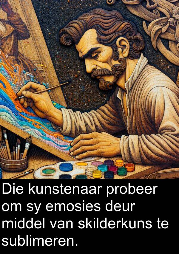 middel: Die kunstenaar probeer om sy emosies deur middel van skilderkuns te sublimeren.