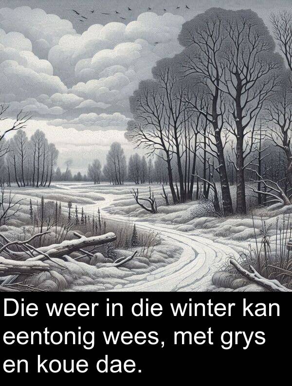 eentonig: Die weer in die winter kan eentonig wees, met grys en koue dae.