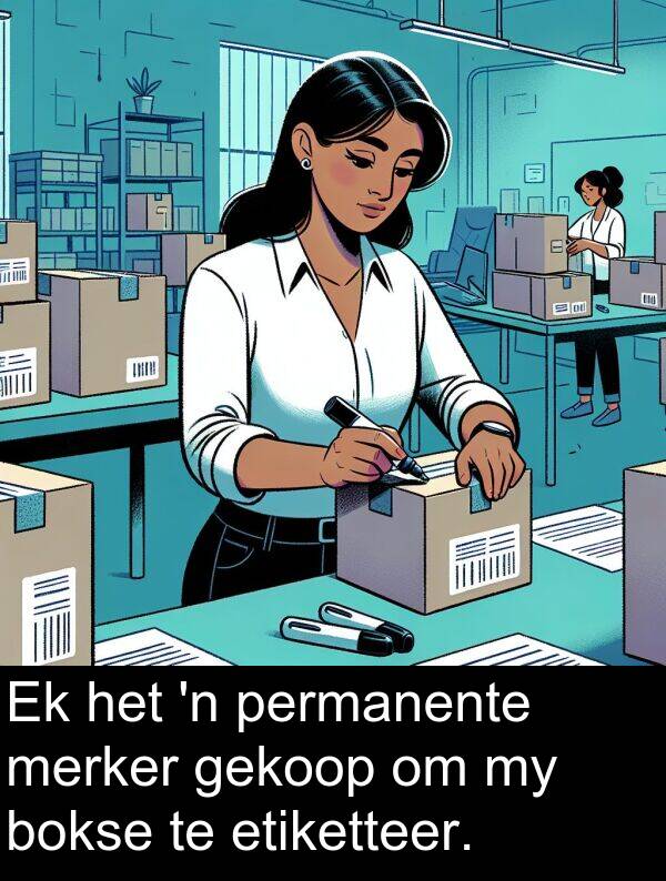 etiketteer: Ek het 'n permanente merker gekoop om my bokse te etiketteer.