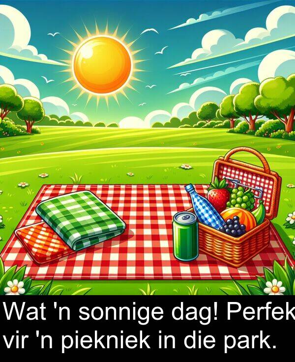 dag: Wat 'n sonnige dag! Perfek vir 'n piekniek in die park.