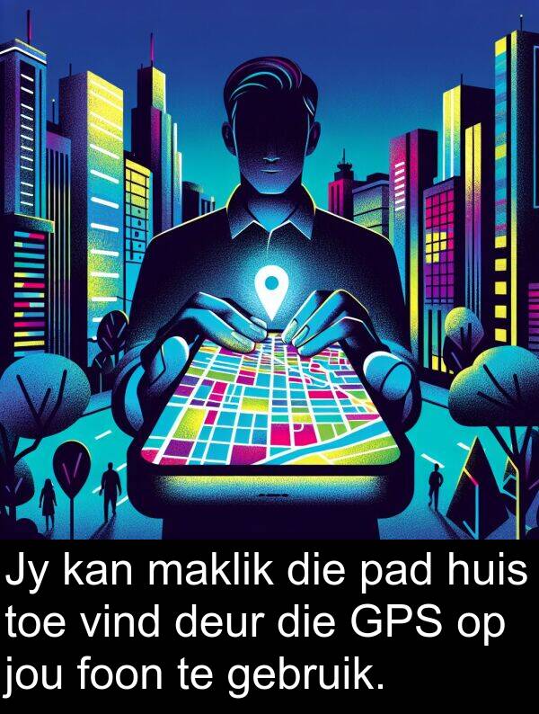 foon: Jy kan maklik die pad huis toe vind deur die GPS op jou foon te gebruik.