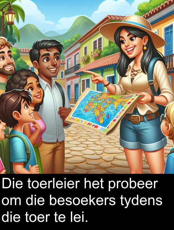 besoekers: Die toerleier het probeer om die besoekers tydens die toer te lei.