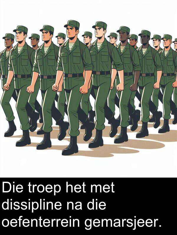 dissipline: Die troep het met dissipline na die oefenterrein gemarsjeer.