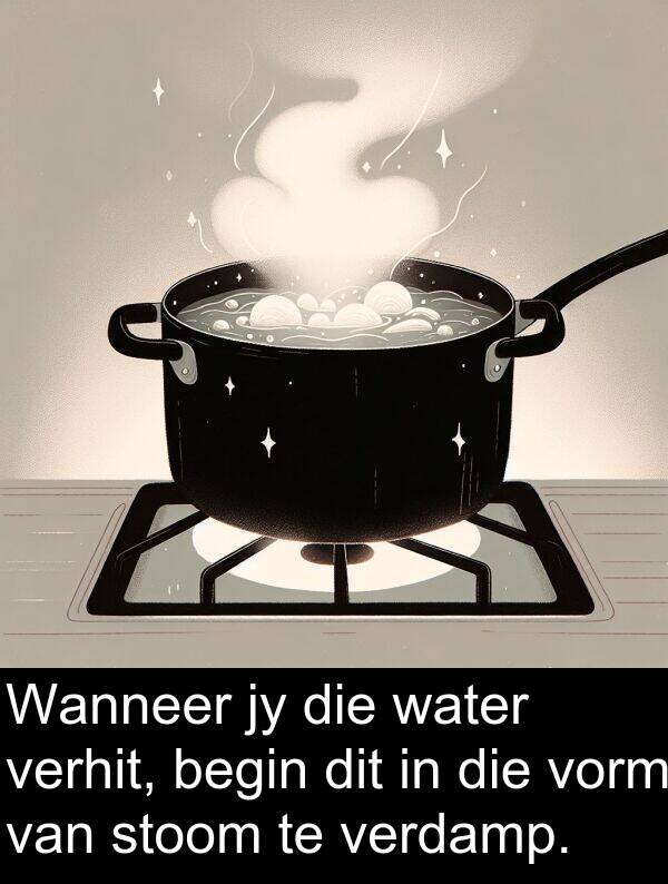 verhit: Wanneer jy die water verhit, begin dit in die vorm van stoom te verdamp.
