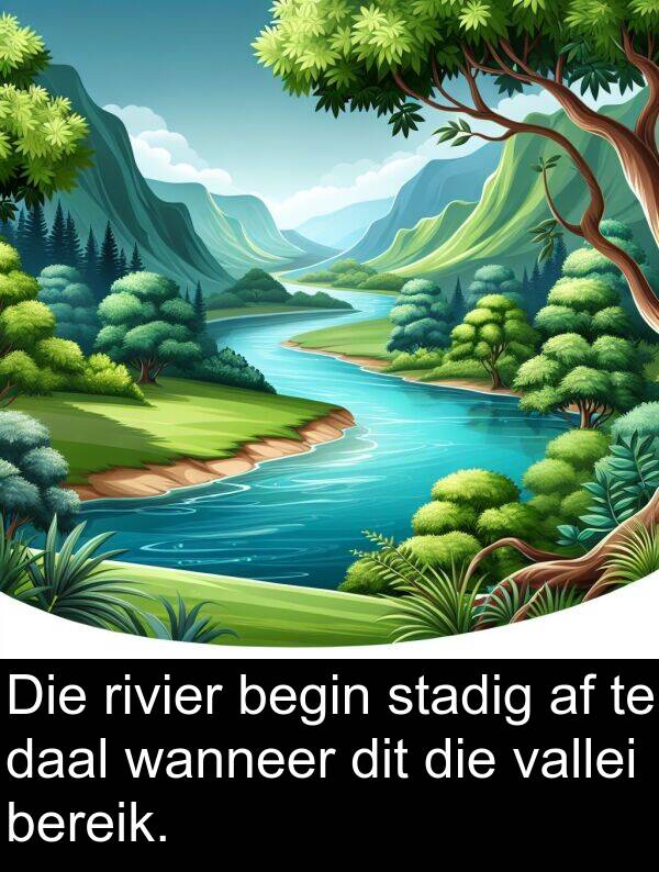 begin: Die rivier begin stadig af te daal wanneer dit die vallei bereik.