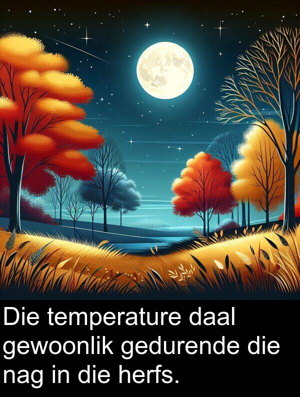gedurende: Die temperature daal gewoonlik gedurende die nag in die herfs.